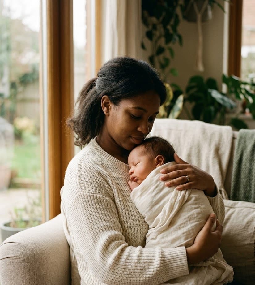 Mutter mit Newborn am Fenster — zartes Morgenlicht