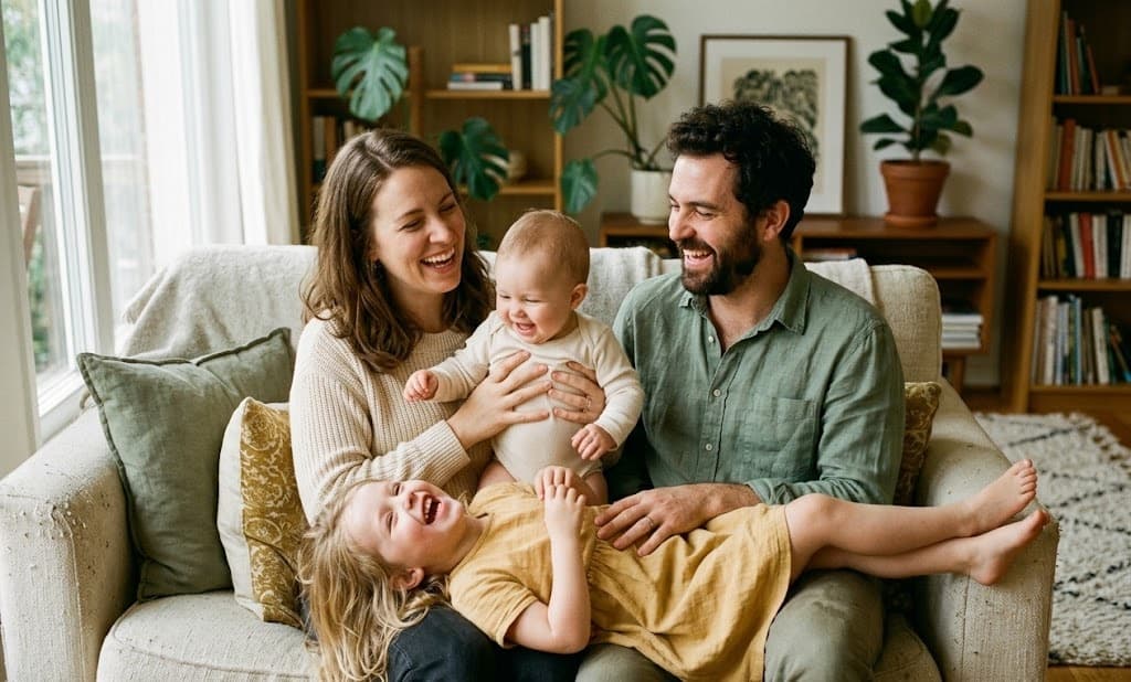 Junge Familie auf dem Sofa — Newborn-Session zuhause
