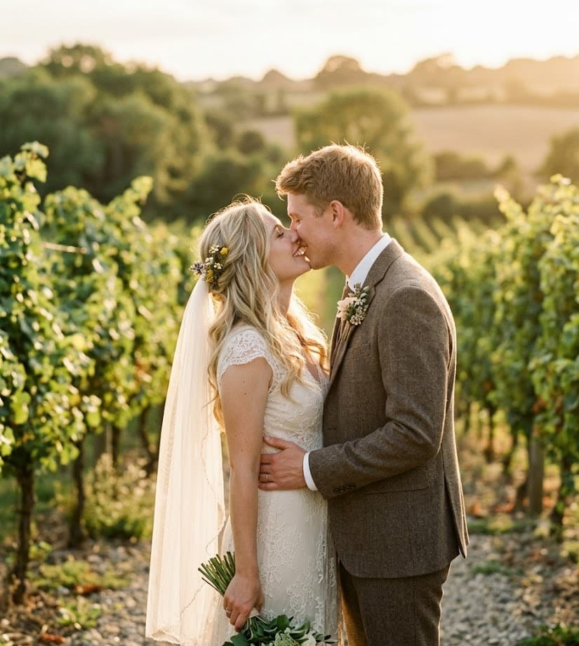Erster Kuss eines Hochzeitspaars im goldenen Nachmittagslicht