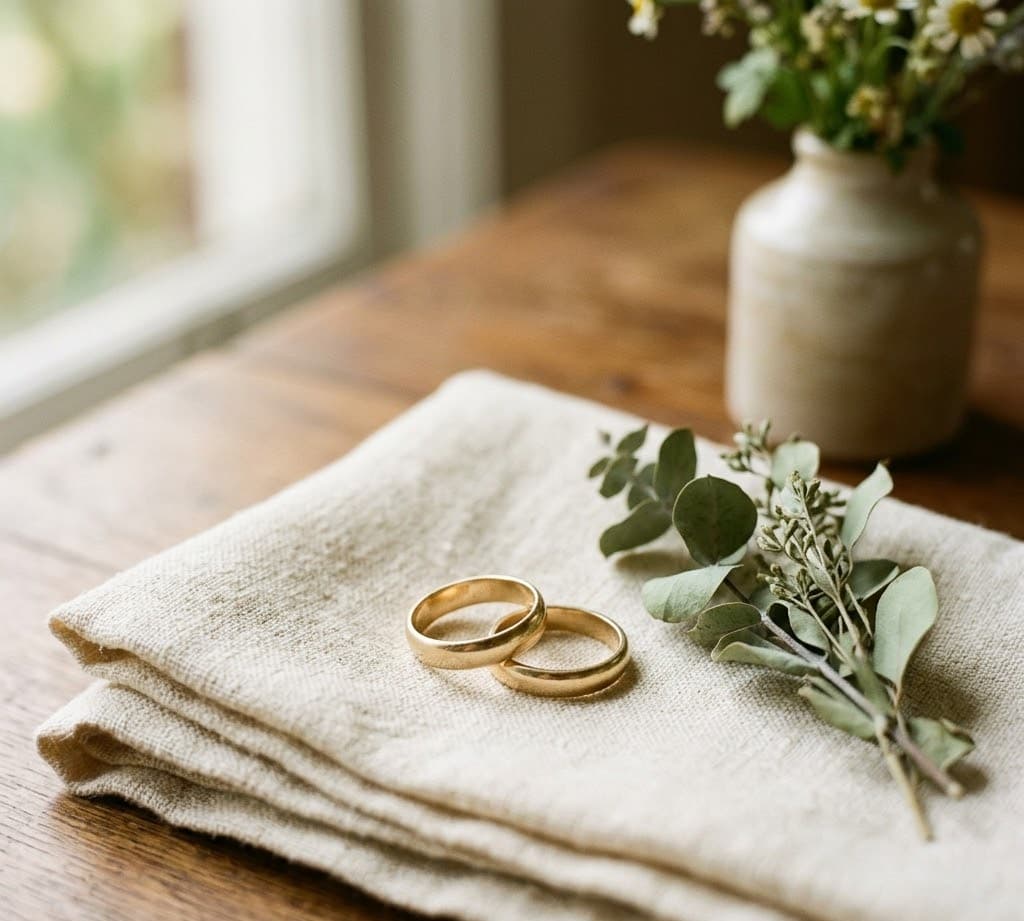 Detailaufnahme goldene Eheringe auf Leinen mit Eukalyptus