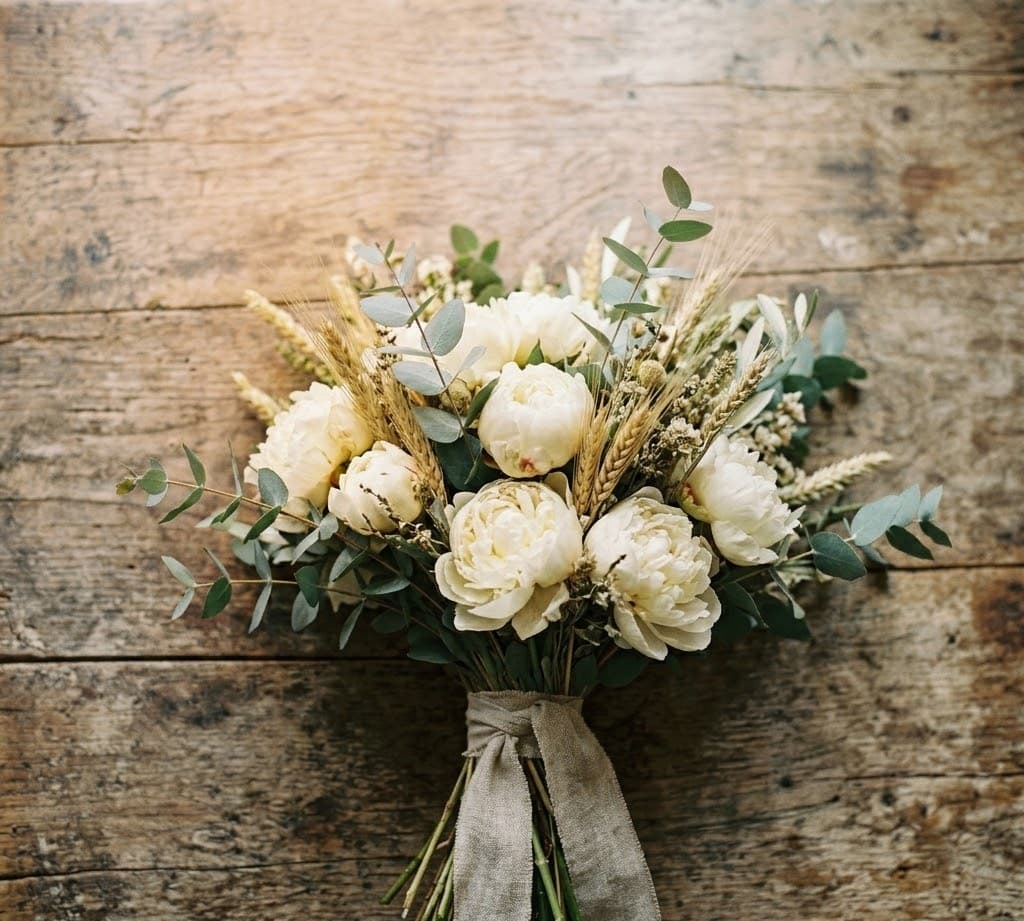 Brautstrauß aus cremefarbenen Pfingstrosen, Eukalyptus und Weizen