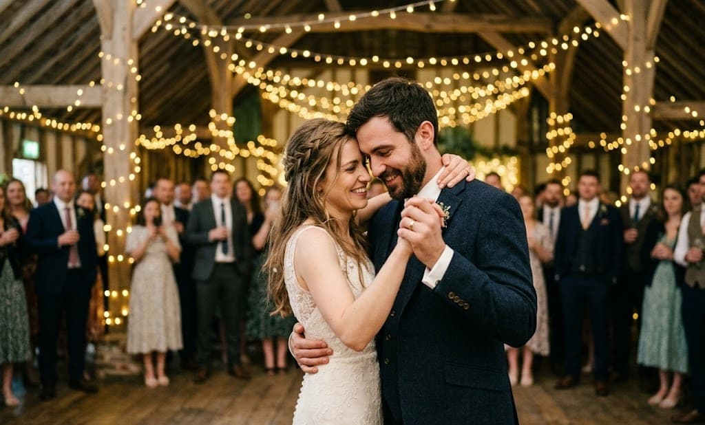 Erster Tanz in einer sanft beleuchteten Scheune mit Bistro-Lichtern