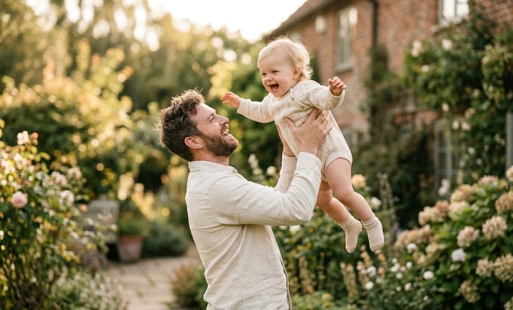 Vater hebt lachendes Kleinkind in die Luft
