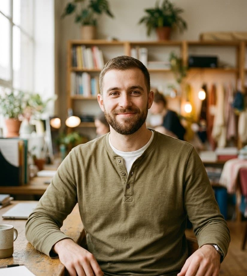 Handwerk/Startup-Portrait mit Bart, warm-olive Oberteil