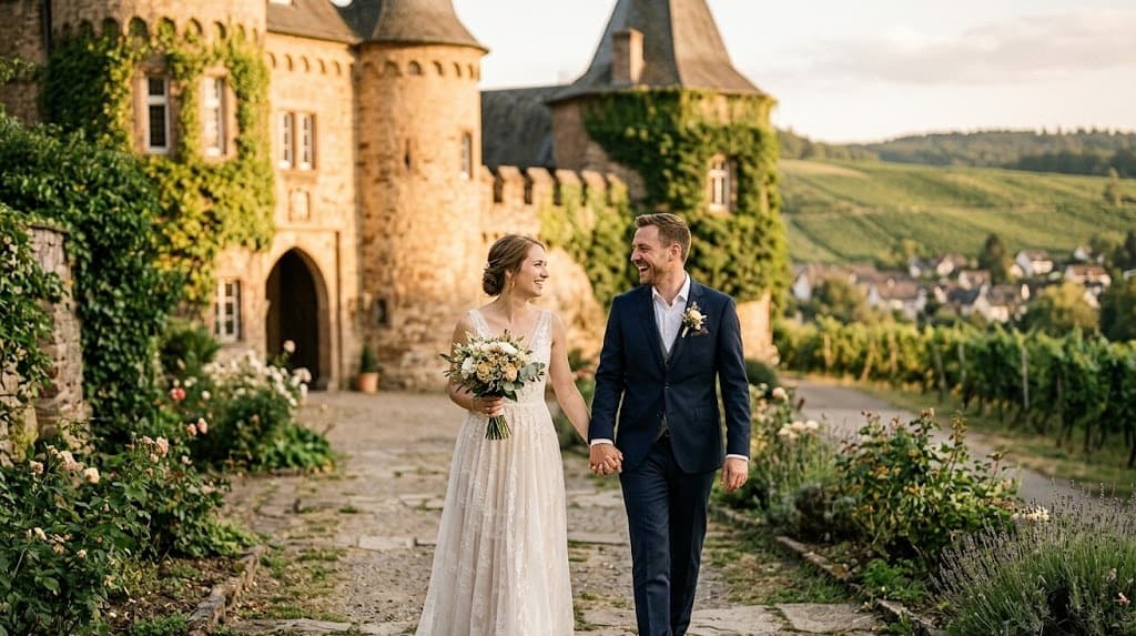 Schöne Hochzeitslocation im Rheinland bei goldenem Abendlicht