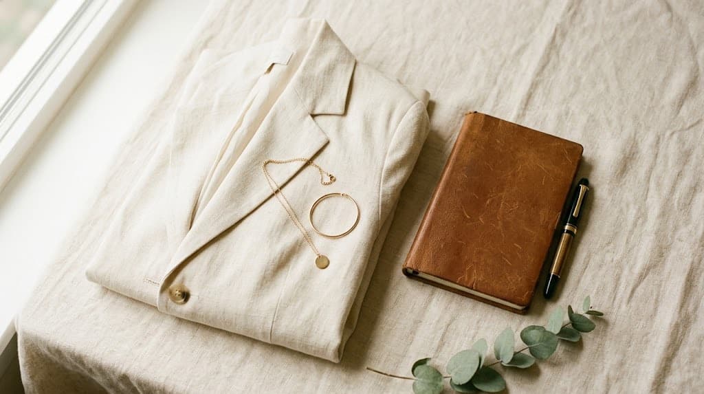 Flat-Lay eines professionellen Bewerbungs-Outfits auf Leinen