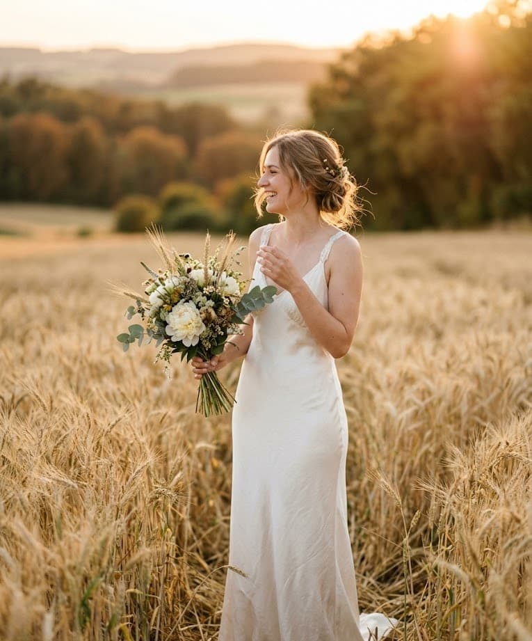Braut im Weizenfeld bei Golden Hour im Rheinland