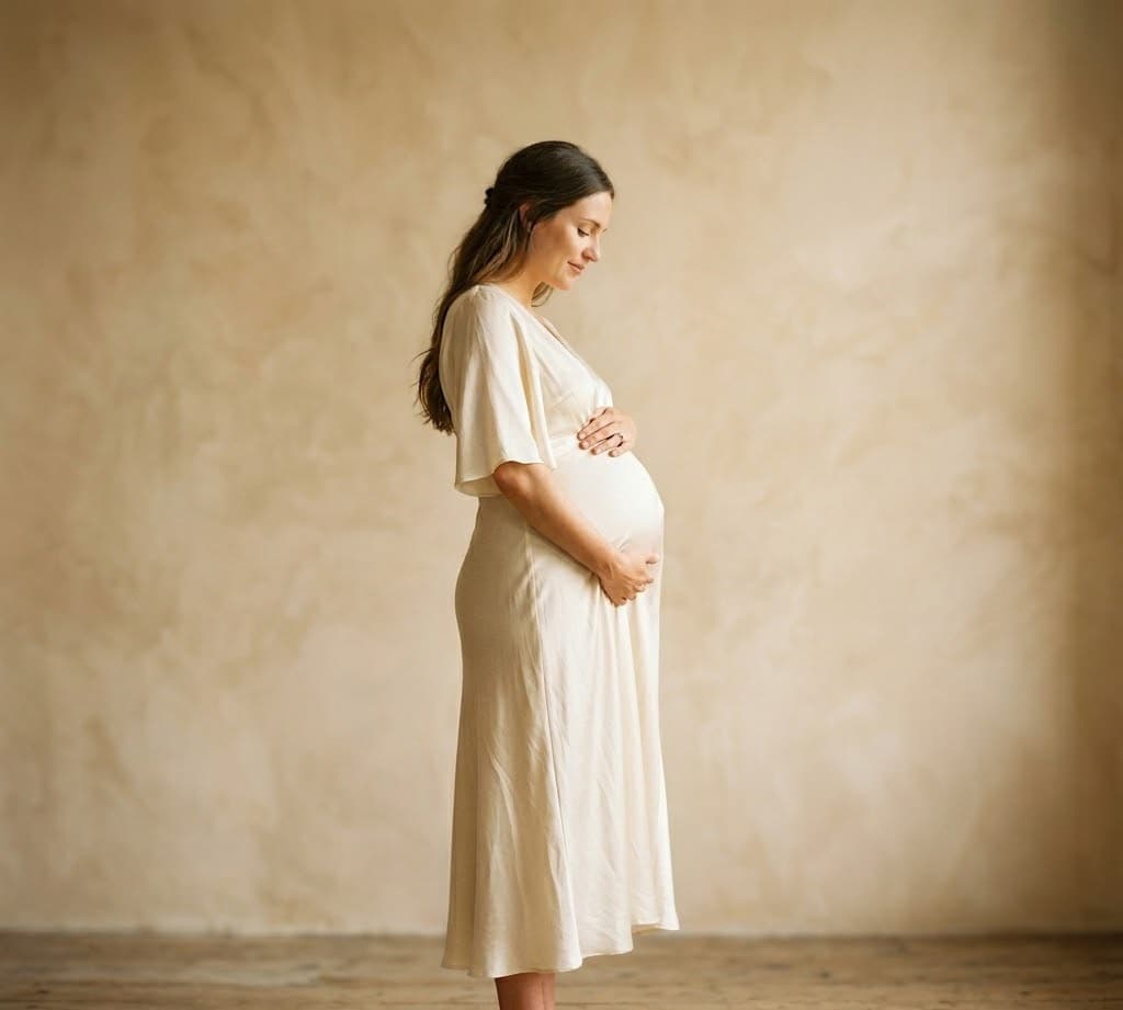 Schwangere Frau im fließenden Seidenkleid vor warmer Studiowand