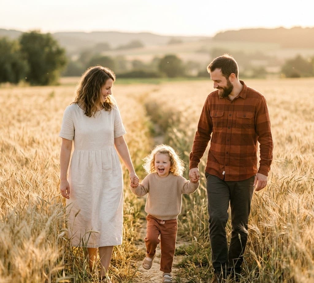 Junge Familie läuft Hand in Hand durch ein sonnenverwöhntes Weizenfeld