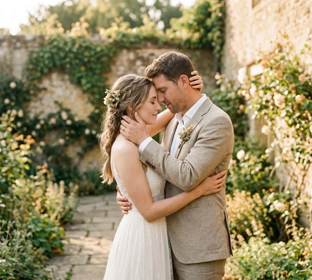 Brautpaar umarmt sich im warmen Nachmittagslicht