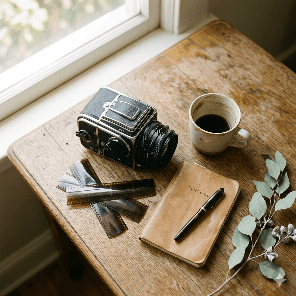 Fotografen-Arbeitsplatz: Hasselblad-Kamera, Filmnegative und Notizbuch auf Holztisch im warmen Fensterlicht